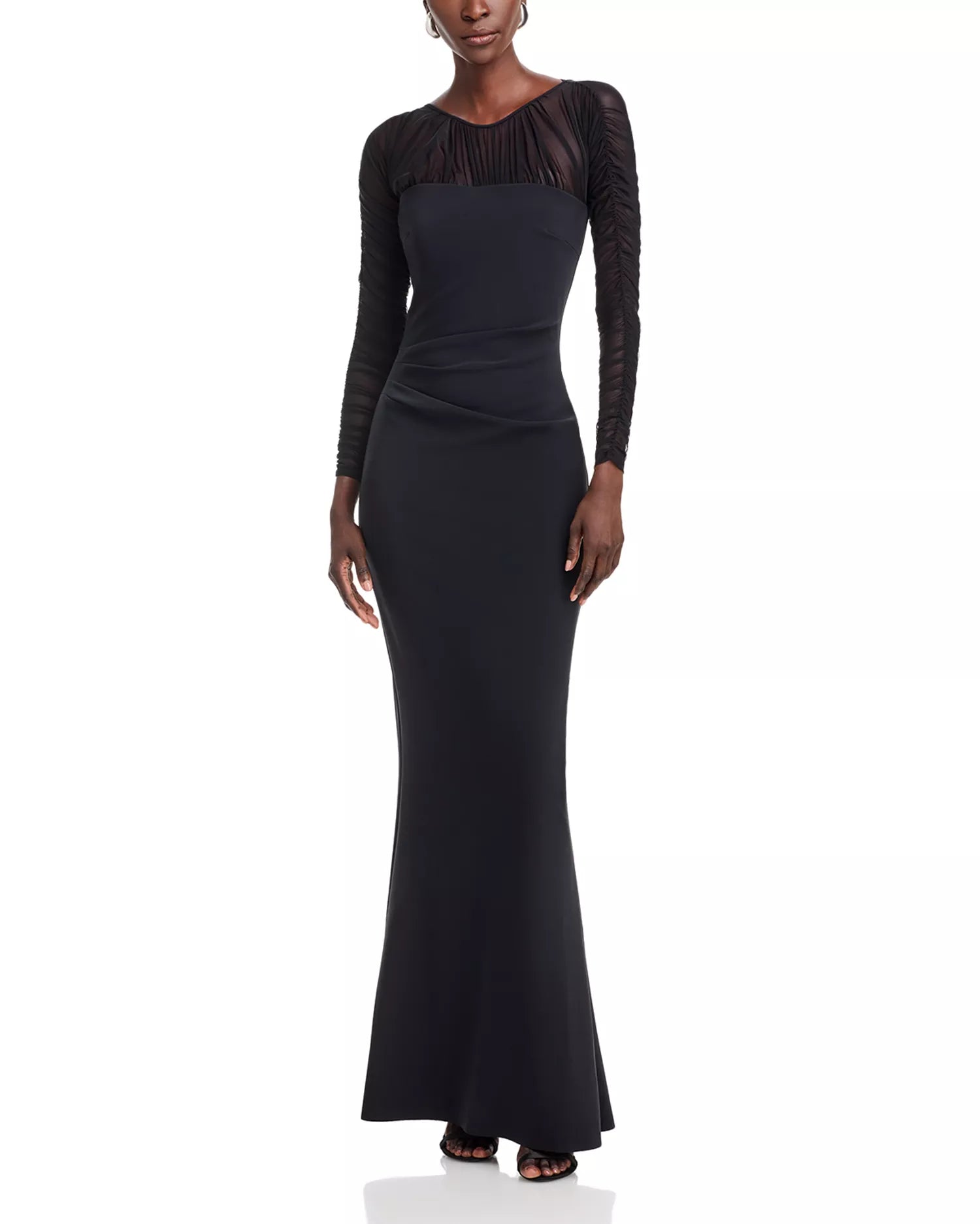 Sleek Trumpet Crew Neck Sheer Ruched Sleeve Keyhole Back Floor Length For Ladies Prom Dress