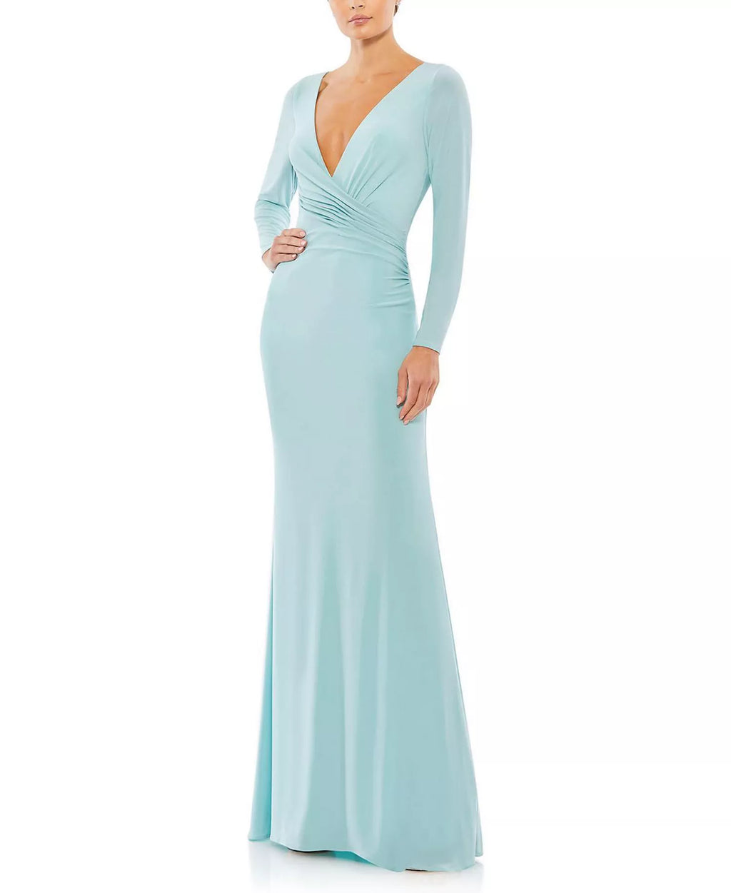 Sleek Trumpet Deep V Neck Long Sleeve Ruched Back Floor Length Hot Sale Prom Dress