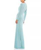 Sleek Trumpet Deep V Neck Long Sleeve Ruched Back Floor Length Hot Sale Prom Dress