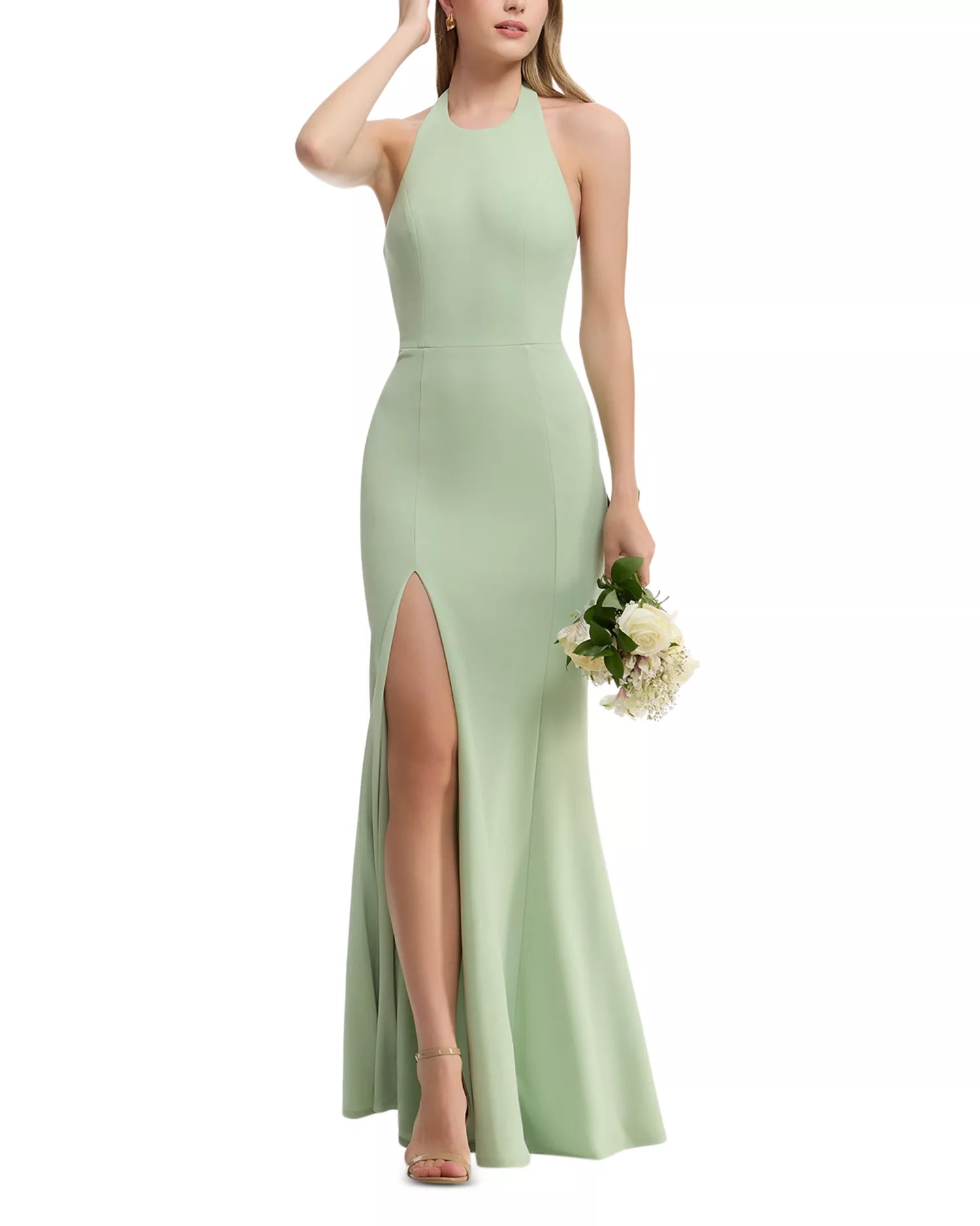 Sleek Trumpet Halter Sleeveless Open Back Floor Length For Adults Prom Dress