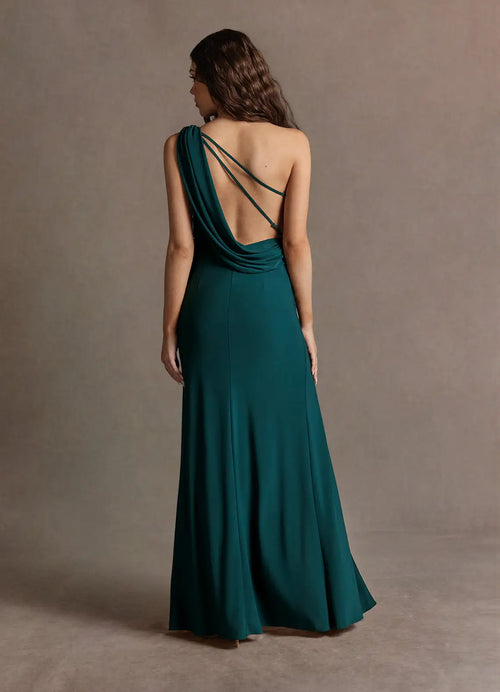 Robe de soirée élégante trompette, épaule unique, manches drapées, dos découpé, longueur ras du sol, pour femmes