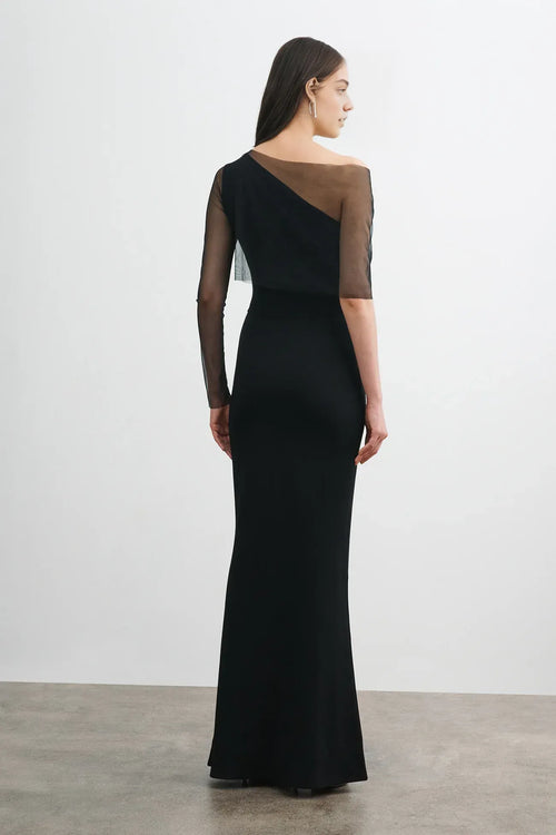 Robe De Bal Adulte Longue Trompette Asymétrique Épaule Manche Transparente Dos Ouvert