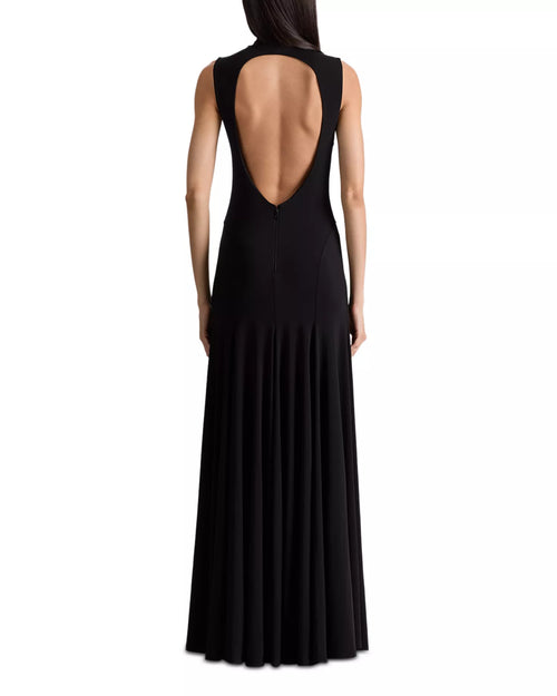 Robe de bal longue en trompette élégante, à col montant, sans manches et dos découpé pour femme