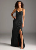 Sleek satin sheath cowl neck spaghetti strap v back floor length bridesmaid dress with high slit