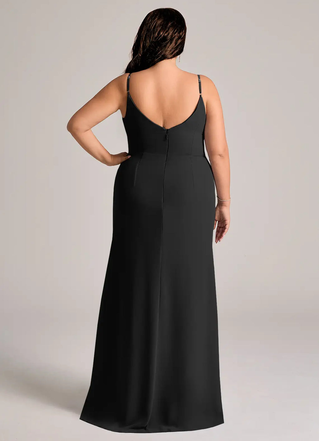 Sleek satin sheath cowl neck spaghetti strap v back floor length bridesmaid dress with high slit