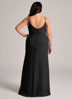 Sleek satin sheath cowl neck spaghetti strap v back floor length bridesmaid dress with high slit