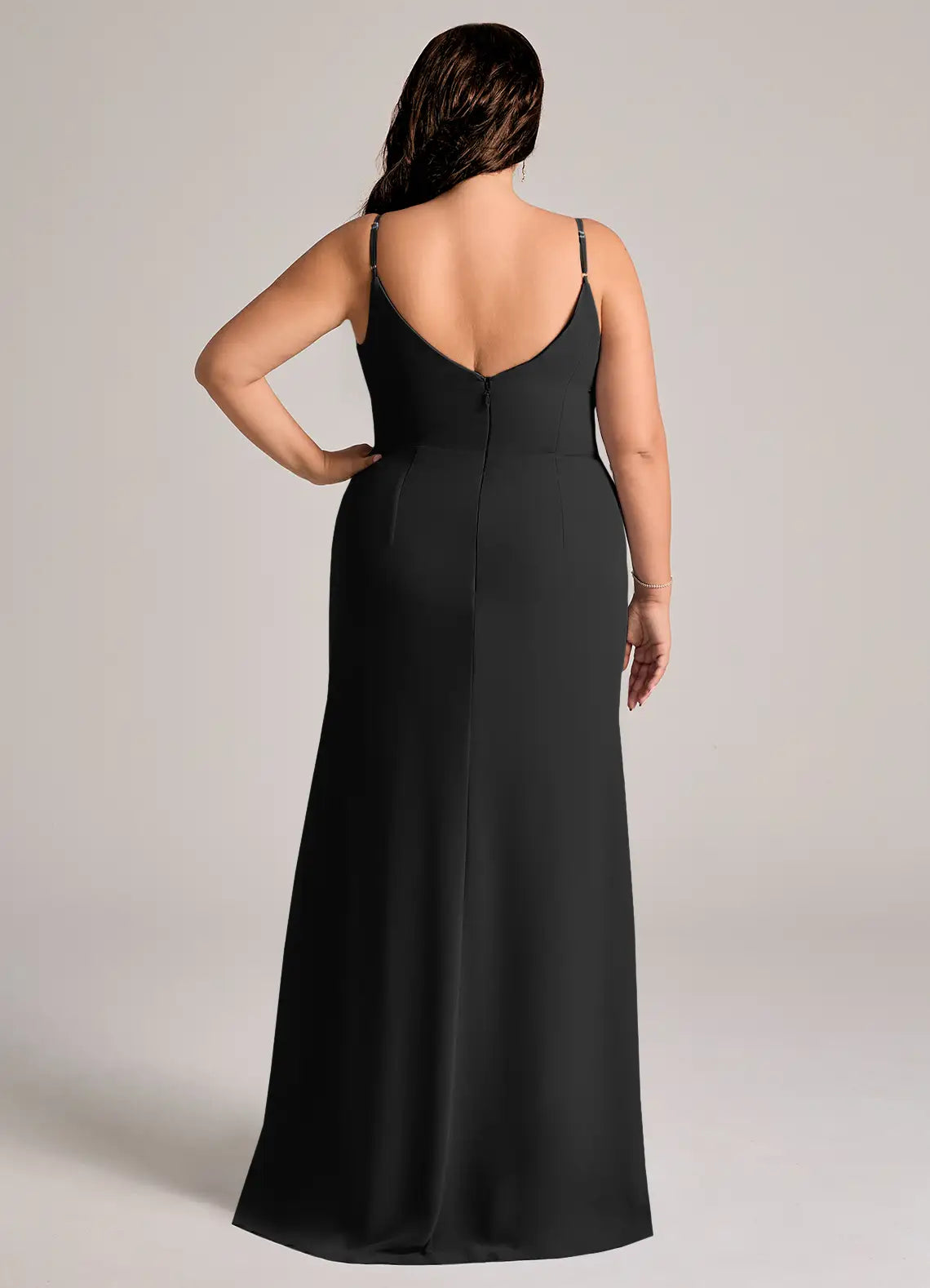 Sleek satin sheath cowl neck spaghetti strap v back floor length bridesmaid dress with high slit