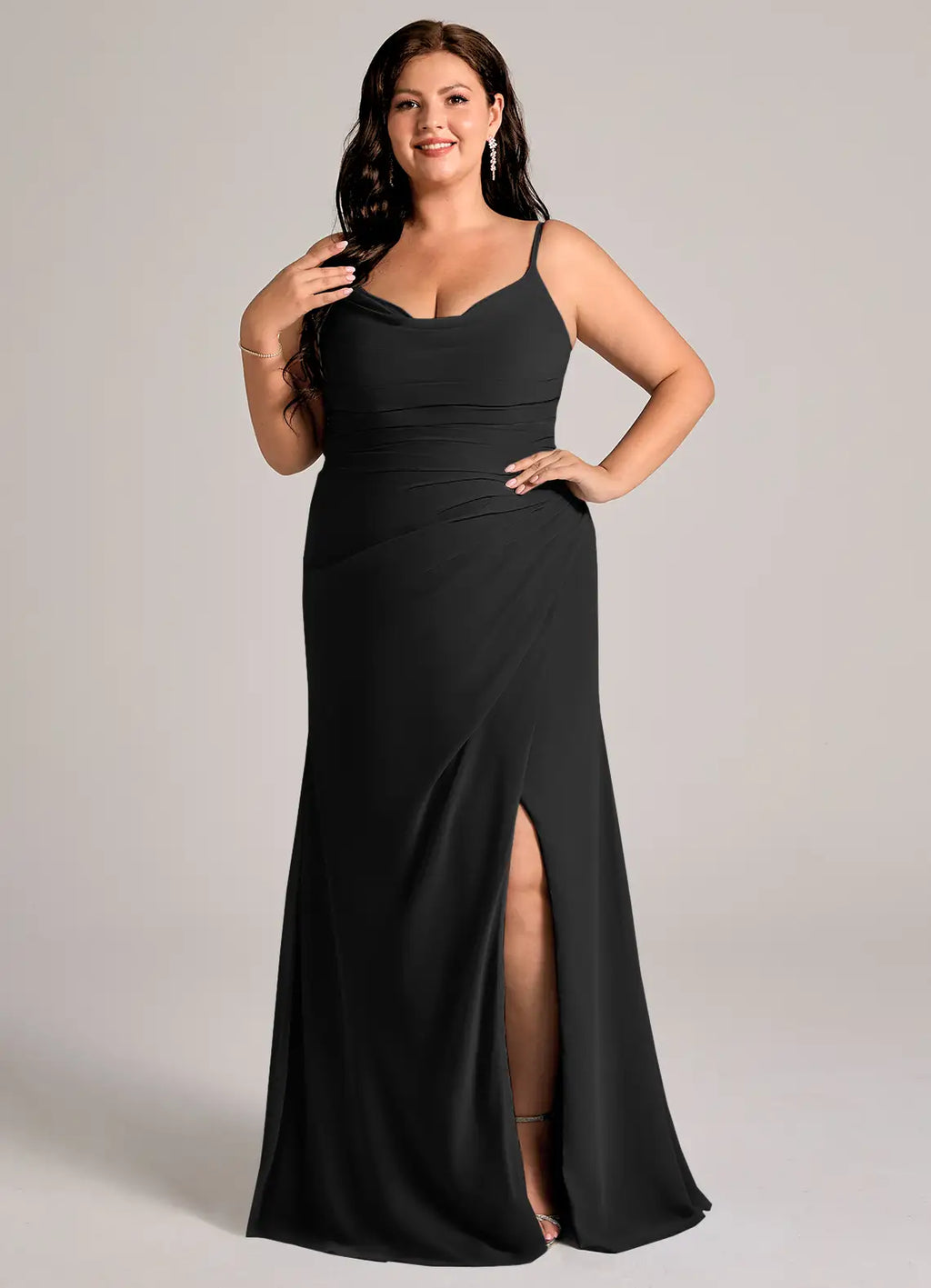 Sleek satin sheath cowl neck spaghetti strap v back floor length bridesmaid dress with high slit