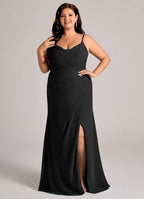 Sleek satin sheath cowl neck spaghetti strap v back floor length bridesmaid dress with high slit