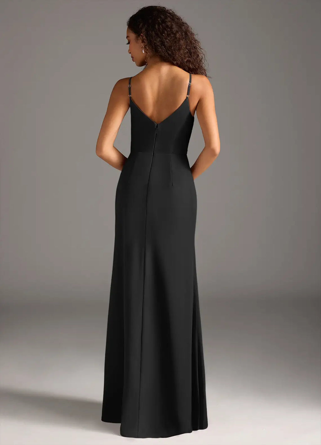 Sleek satin sheath cowl neck spaghetti strap v back floor length bridesmaid dress with high slit