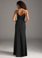 Sleek satin sheath cowl neck spaghetti strap v back floor length bridesmaid dress with high slit