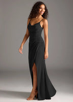 Sleek satin sheath cowl neck spaghetti strap v back floor length bridesmaid dress with high slit
