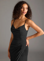 Sleek satin sheath cowl neck spaghetti strap v back floor length bridesmaid dress with high slit