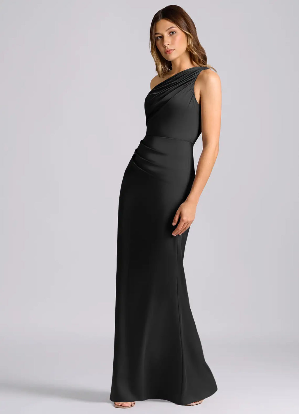 Sleek satin sheath one shoulder sleeveless open back floor length bridesmaid dress with ruched waist