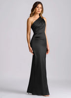 Sleek satin sheath one shoulder sleeveless open back floor length bridesmaid dress with ruched waist
