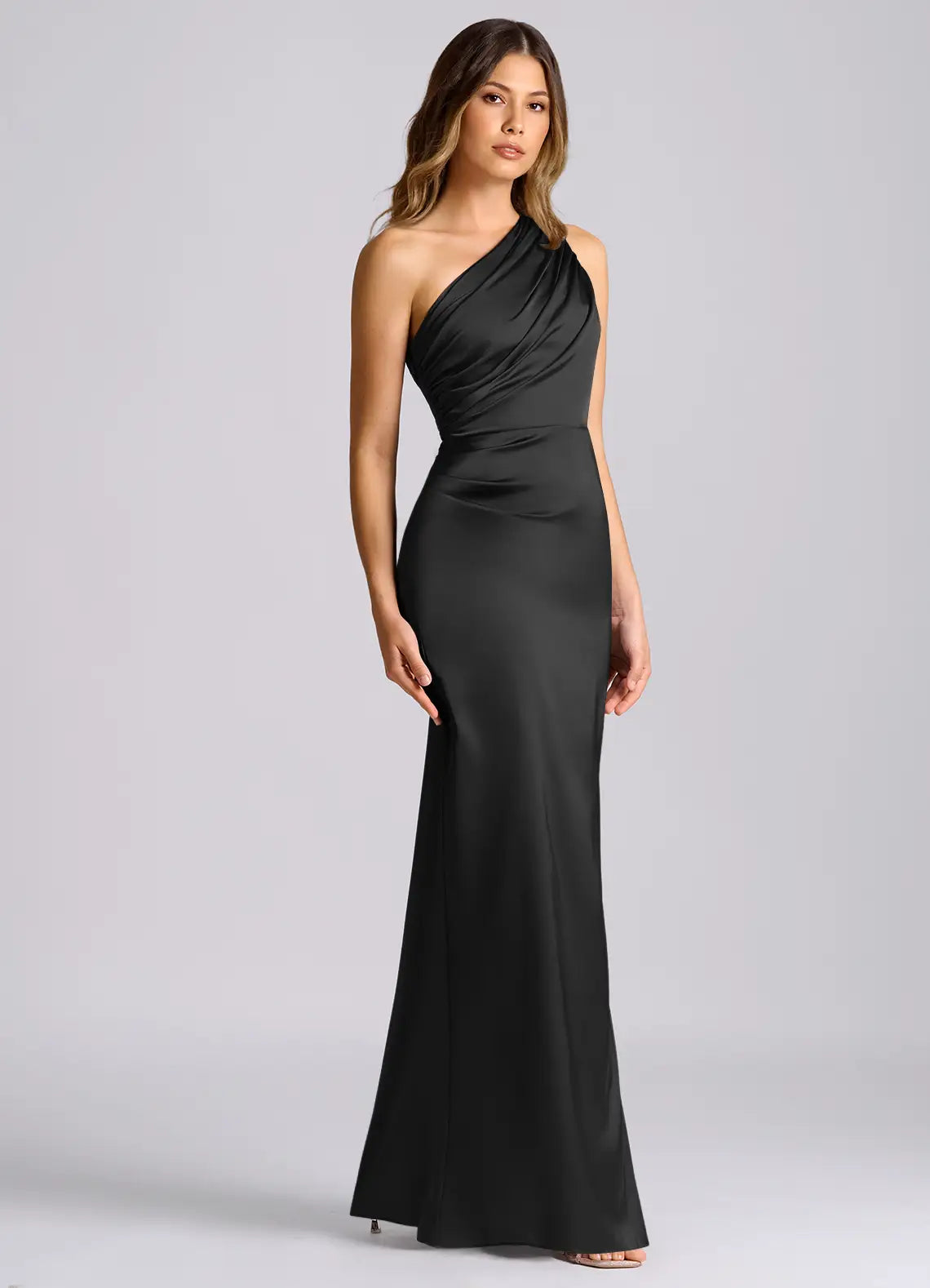 Sleek satin sheath one shoulder sleeveless open back floor length bridesmaid dress with ruched waist