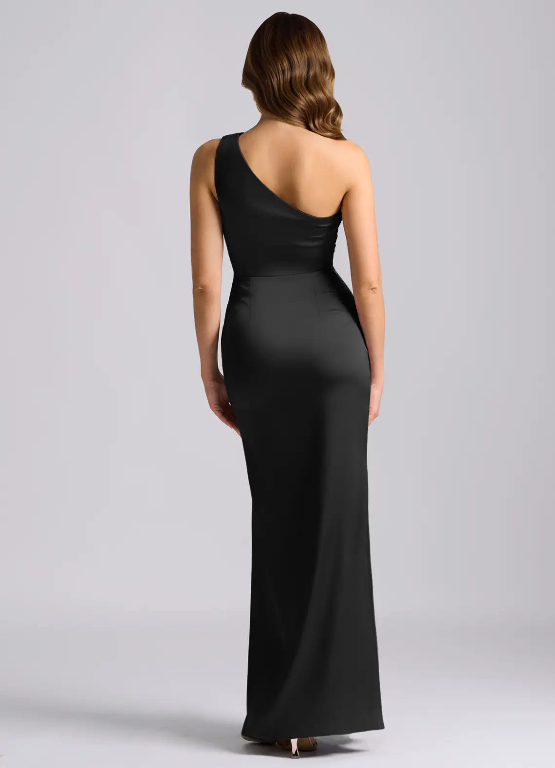 Sleek satin sheath one shoulder sleeveless open back floor length bridesmaid dress with ruched waist