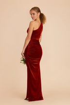 Sleek Burnt Orange Velvet One-Shoulder Ruched Maxi Bridesmaid Dress with High Side Slit