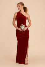 Sleek Burnt Orange Velvet One-Shoulder Ruched Maxi Bridesmaid Dress with High Side Slit