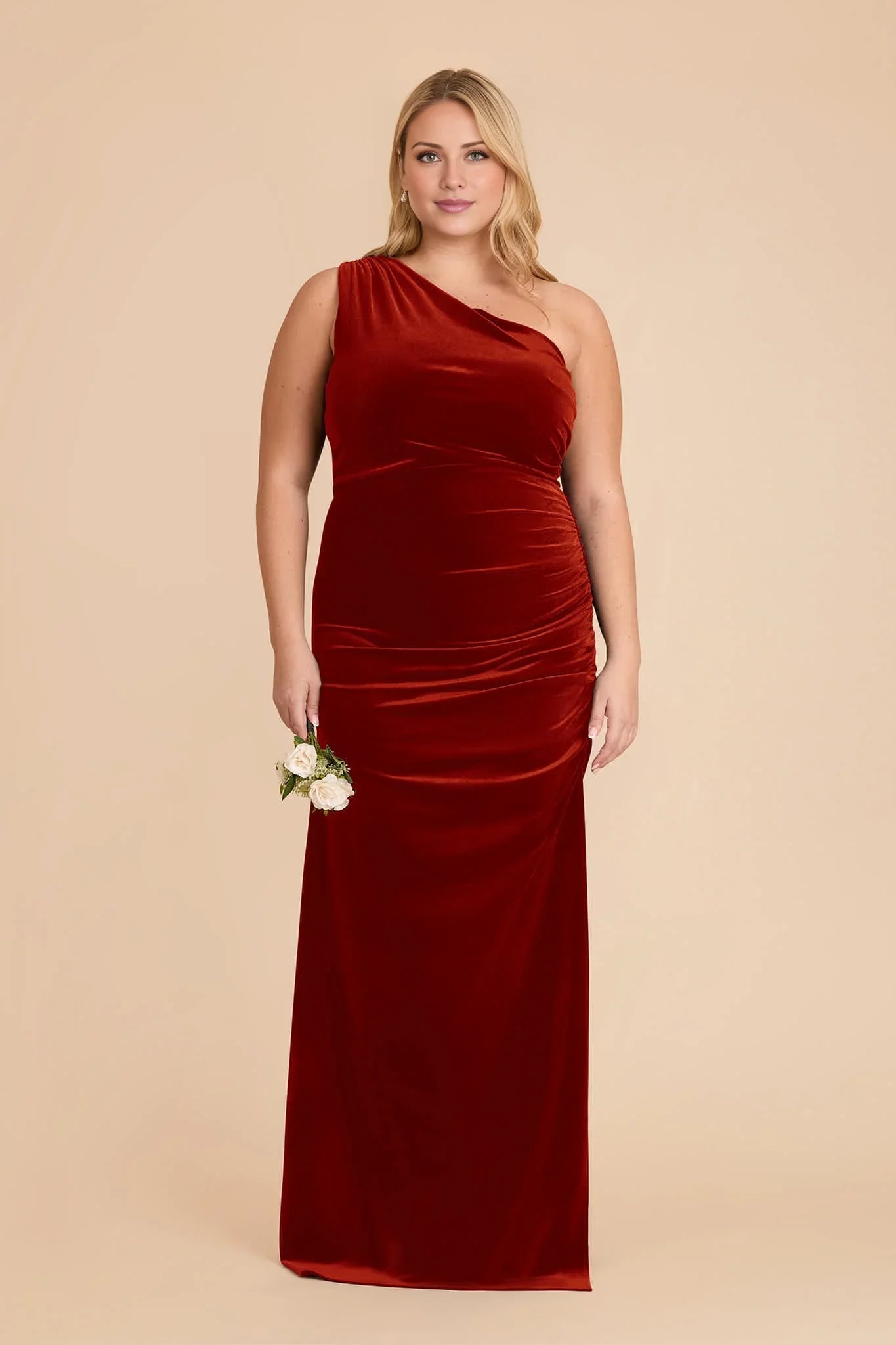 Sleek Burnt Orange Velvet One-Shoulder Ruched Maxi Bridesmaid Dress with High Side Slit