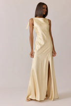 Sleek Champagne Satin Asymmetrical-Neck Tie-Back Floor-Length Bridesmaid Gown