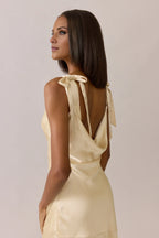 Sleek Champagne Satin Asymmetrical-Neck Tie-Back Floor-Length Bridesmaid Gown