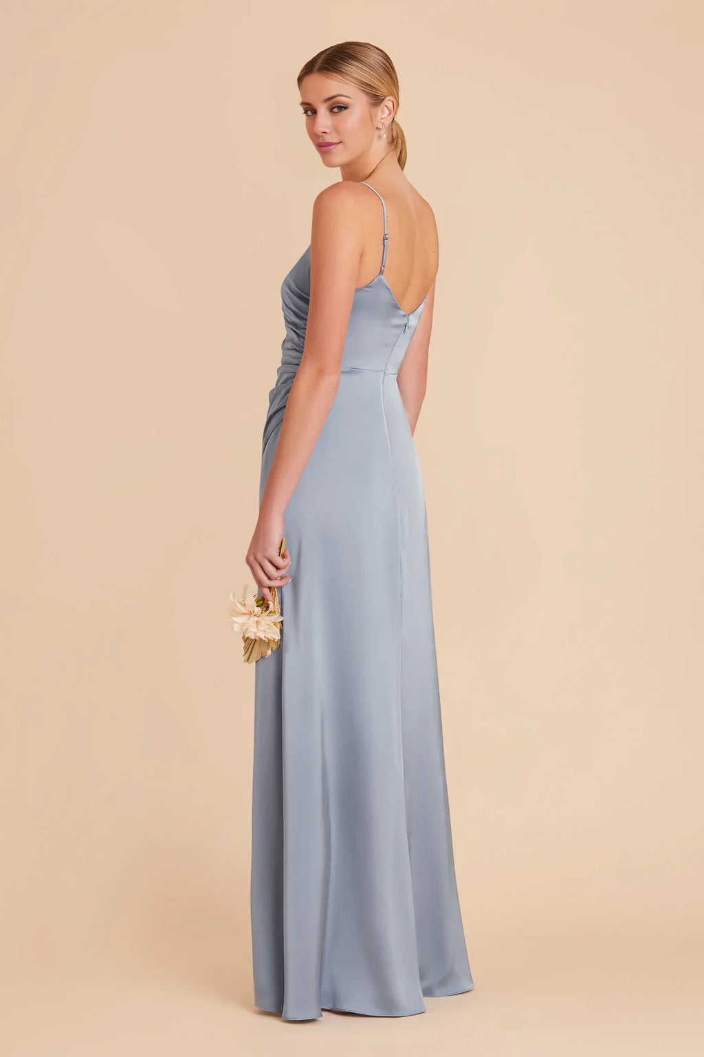 Sleek Dusty Blue Satin Deep V-Neck Spaghetti-Strap Maxi Bridesmaid Dress with Ruched Waist & High Side Slit