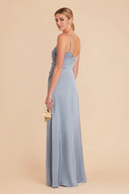 Sleek Dusty Blue Satin Deep V-Neck Spaghetti-Strap Maxi Bridesmaid Dress with Ruched Waist & High Side Slit
