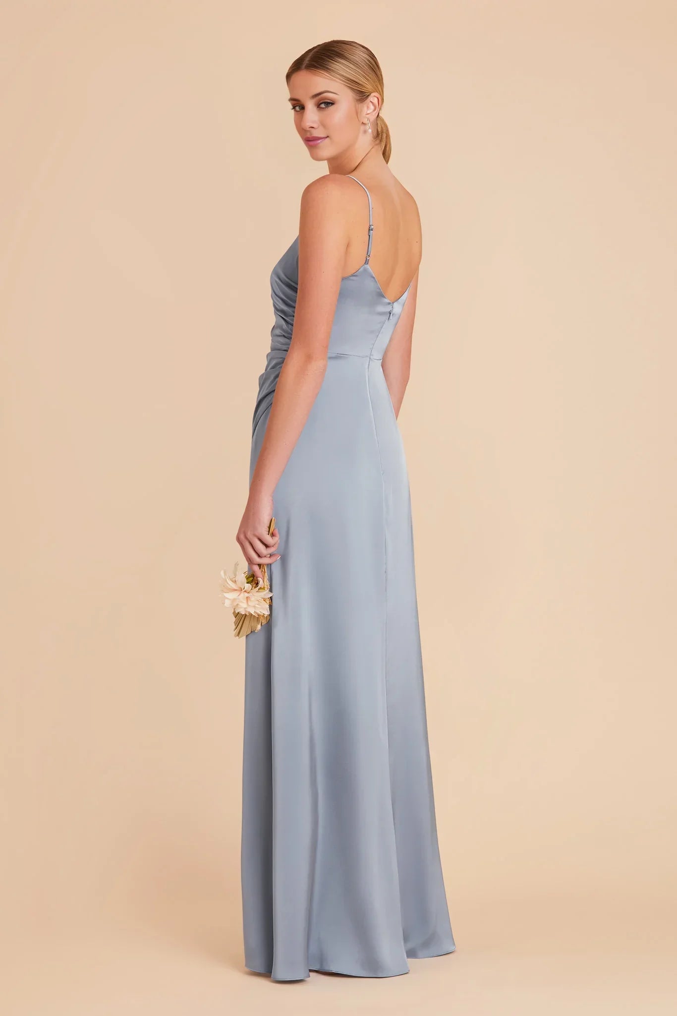Sleek Dusty Blue Satin Deep V-Neck Spaghetti-Strap Maxi Bridesmaid Dress with Ruched Waist & High Side Slit