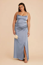 Sleek Dusty Blue Satin Square Neck Spaghetti-Strap Maxi Bridesmaid Dress with Ruched Waist & High Side Slit