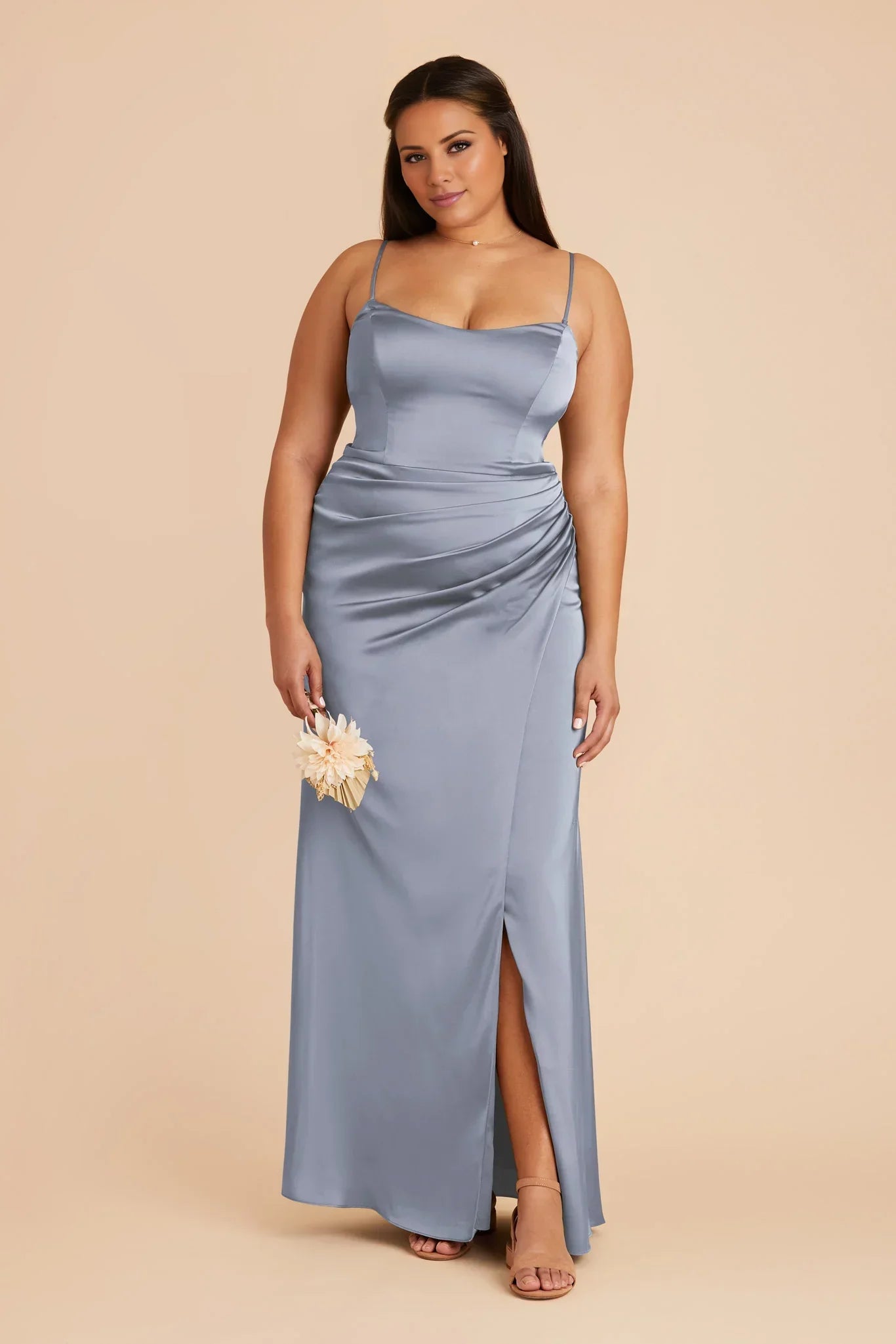 Sleek Dusty Blue Satin Square Neck Spaghetti-Strap Maxi Bridesmaid Dress with Ruched Waist & High Side Slit