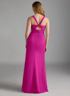 Sleek Form-Fitting Square Neck Sleeveless Twisted Back Floor-Length Crepe Bridesmaid Dress with High Slit