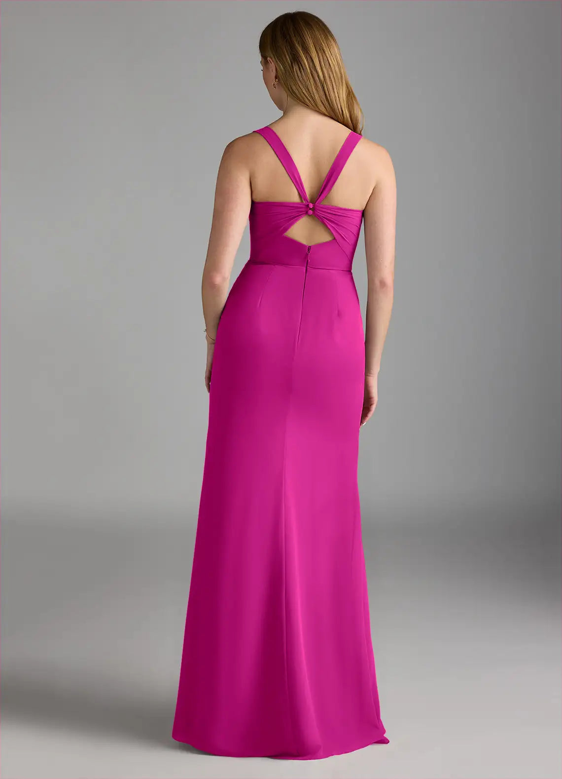 Sleek Form-Fitting Square Neck Sleeveless Twisted Back Floor-Length Crepe Bridesmaid Dress with High Slit