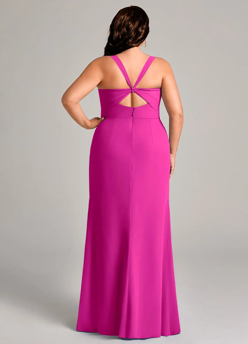 Sleek Form-Fitting Square Neck Sleeveless Twisted Back Floor-Length Crepe Bridesmaid Dress with High Slit