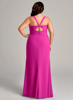 Sleek Form-Fitting Square Neck Sleeveless Twisted Back Floor-Length Crepe Bridesmaid Dress with High Slit