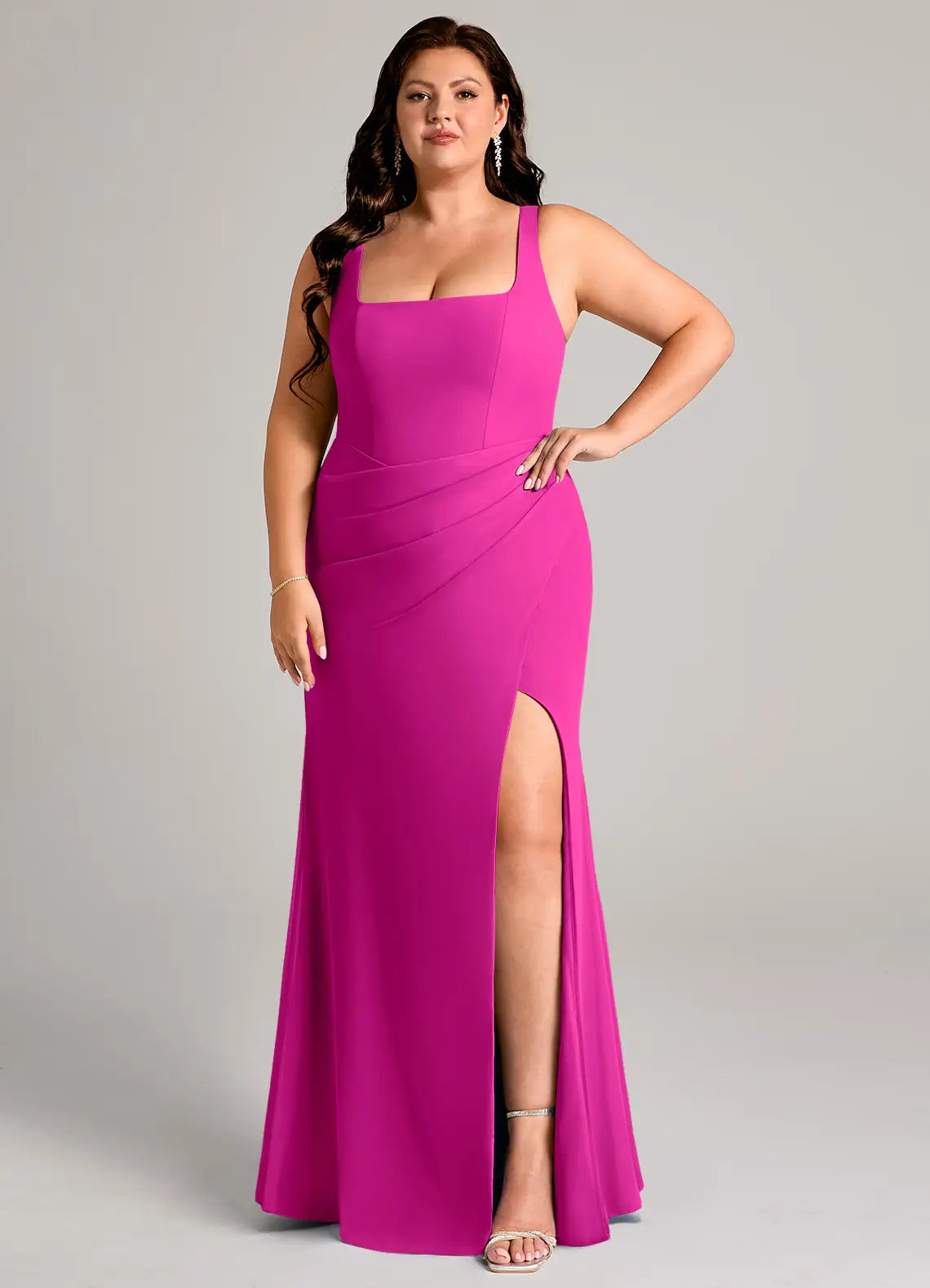 Sleek Form-Fitting Square Neck Sleeveless Twisted Back Floor-Length Crepe Bridesmaid Dress with High Slit
