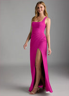 Sleek Form-Fitting Square Neck Sleeveless Twisted Back Floor-Length Crepe Bridesmaid Dress with High Slit
