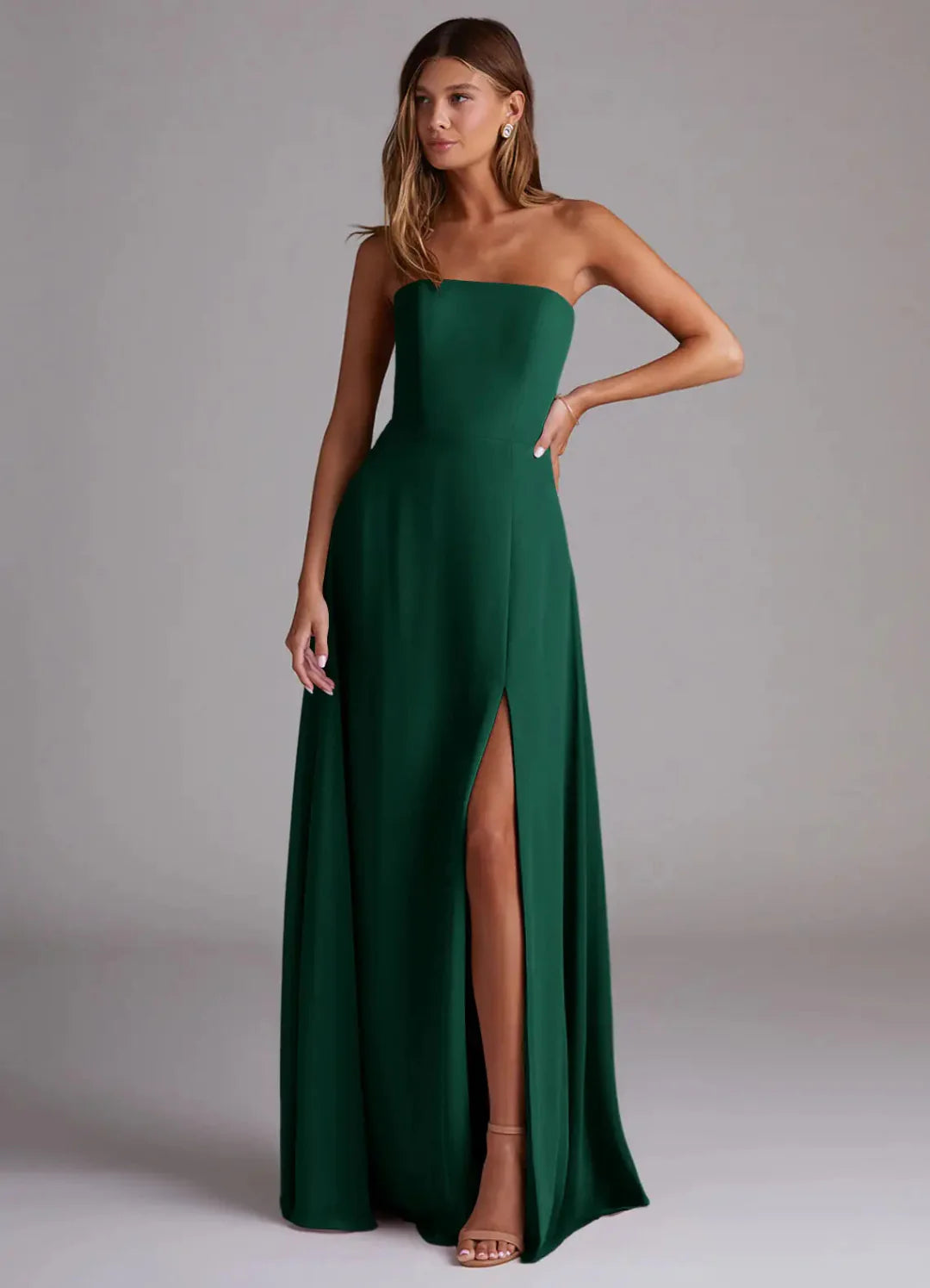 Sleek Form-Fitting Strapless Sweetheart Open Back High Slit Floor-Length Bridesmaid Dress