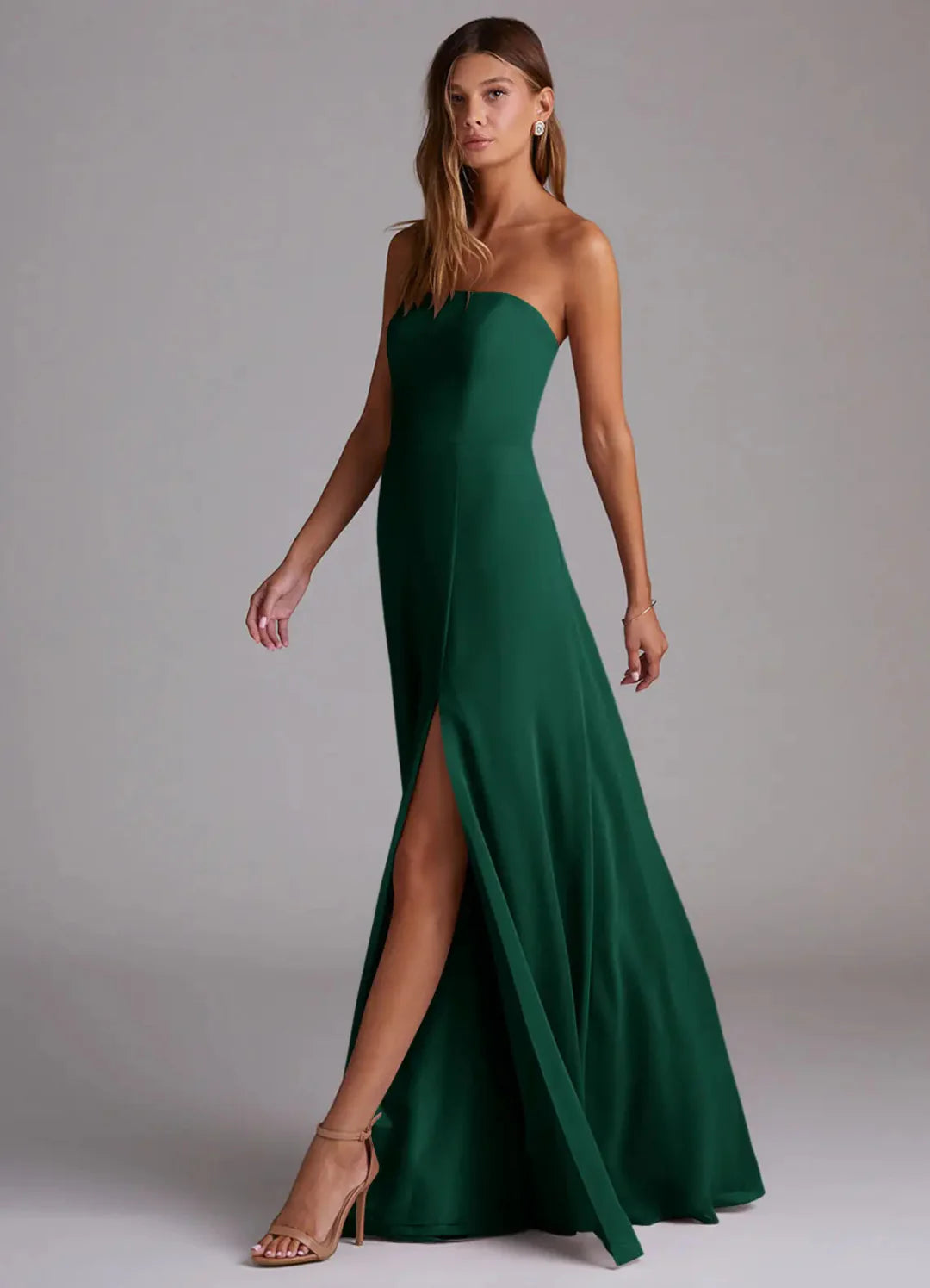 Sleek Form-Fitting Strapless Sweetheart Open Back High Slit Floor-Length Bridesmaid Dress