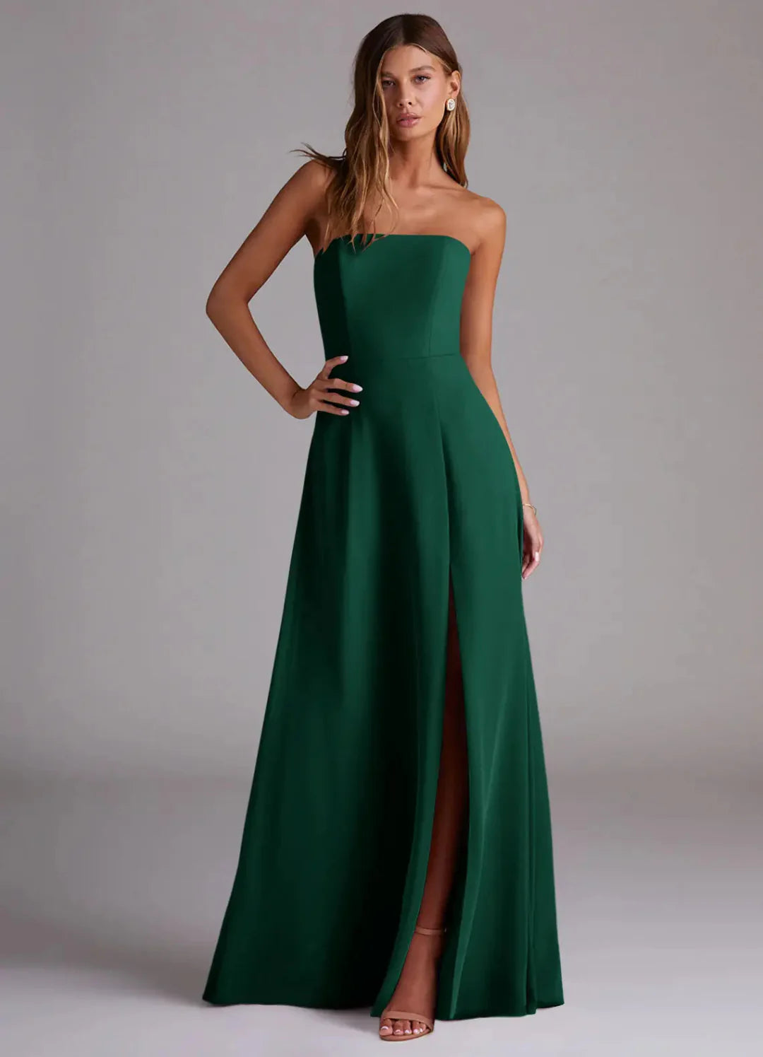 Sleek Form-Fitting Strapless Sweetheart Open Back High Slit Floor-Length Bridesmaid Dress