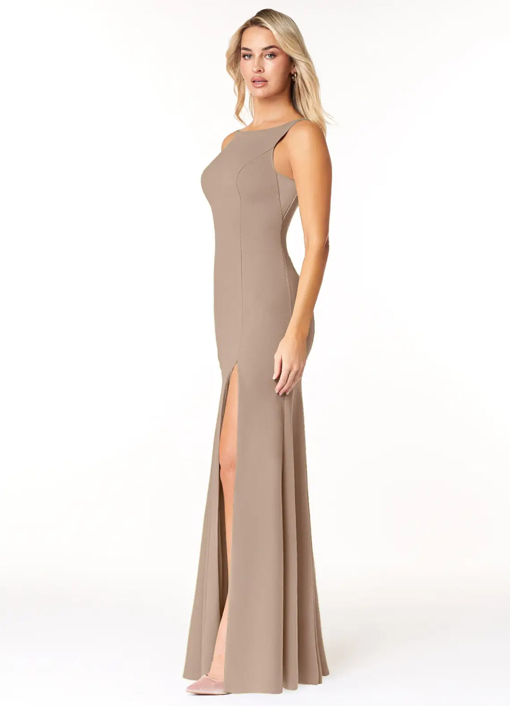 Sleek Jersey Bridesmaid Dress with Boat Neck, High Slit and Mermaid Silhouette