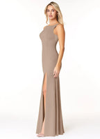 Sleek Jersey Bridesmaid Dress with Boat Neck, High Slit and Mermaid Silhouette