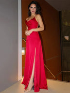 Sleek Mermaid Cowl Neck Lace Up Slit Red Floor Length Prom Dress For Women Ready To Ship
