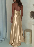 Glamorous Gold Mermaid Prom Dress With Halter Deep V Neck Open Back Ruched Waist High Slit For Prom Goers
