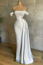 Sleek Mermaid Off-Shoulder Short-Sleeve Ruched White Maxi Prom Dress for Women Custom