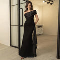 Sleek Mermaid One Shoulder Draped Sashed Black Floor Length Prom Dress