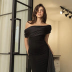 Sleek Mermaid One Shoulder Draped Sashed Black Floor Length Prom Dress