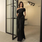 Sleek Mermaid One Shoulder Draped Sashed Black Floor Length Prom Dress