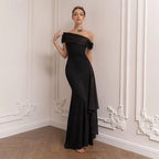 Sleek Mermaid One Shoulder Draped Sashed Black Floor Length Prom Dress