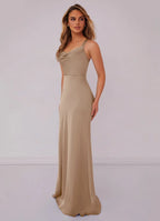 Sleek Satin Bridesmaid Dress with Cowl Neck, Crisscross Back and Mermaid Train